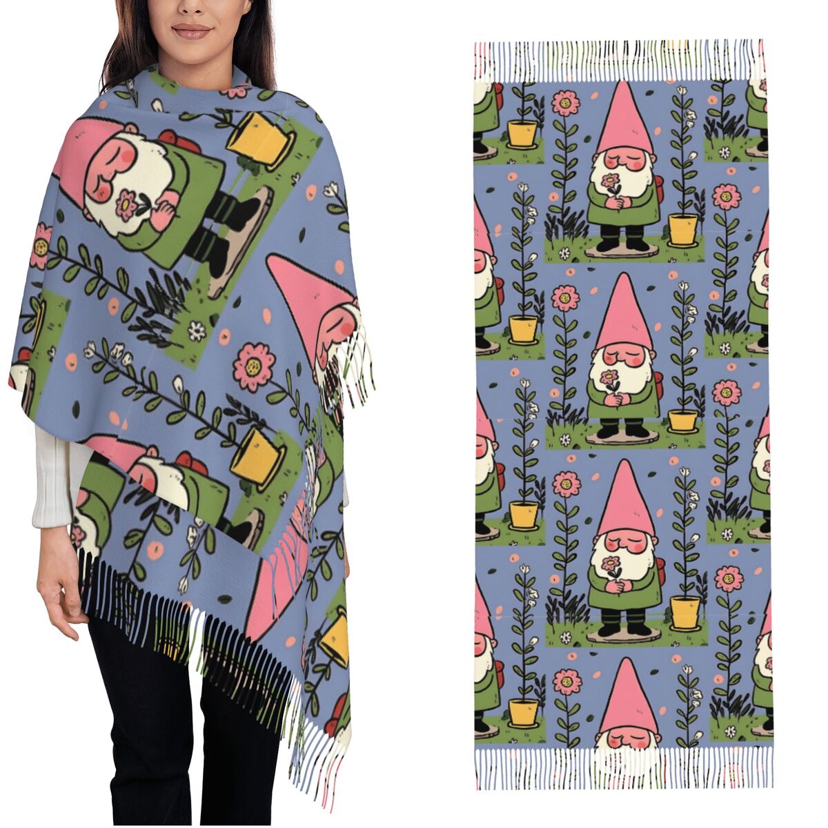 Pashmina Wrap Large - 神話的なガーデンノームショール レディース用 暖かい 大きなロングスカーフ クリスマス柄 パシュミナ