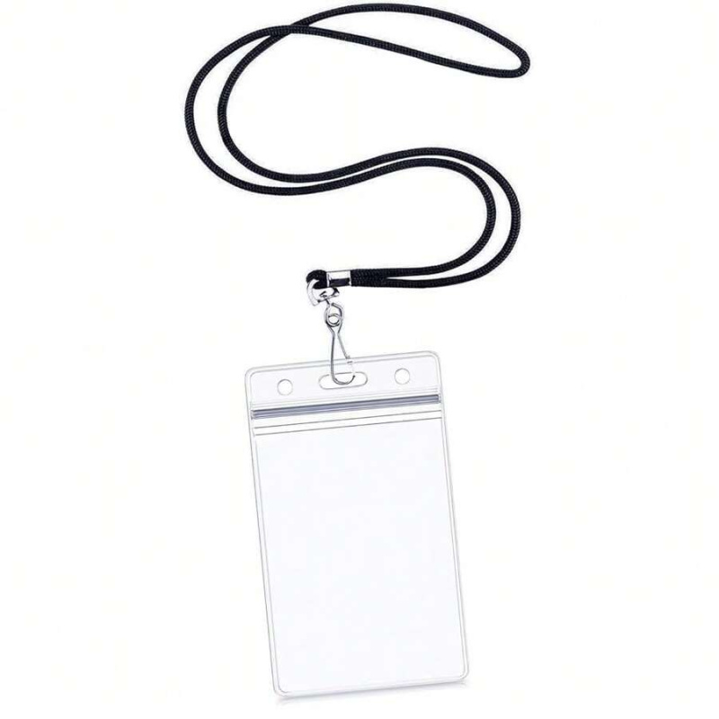 Lanyard Badge Holder - 防水タイプの再封可能なジッパー付き縦型IDカードネームタグバッジホルダー（縦型ID、黒のランヤード付き、ランヤード付き）