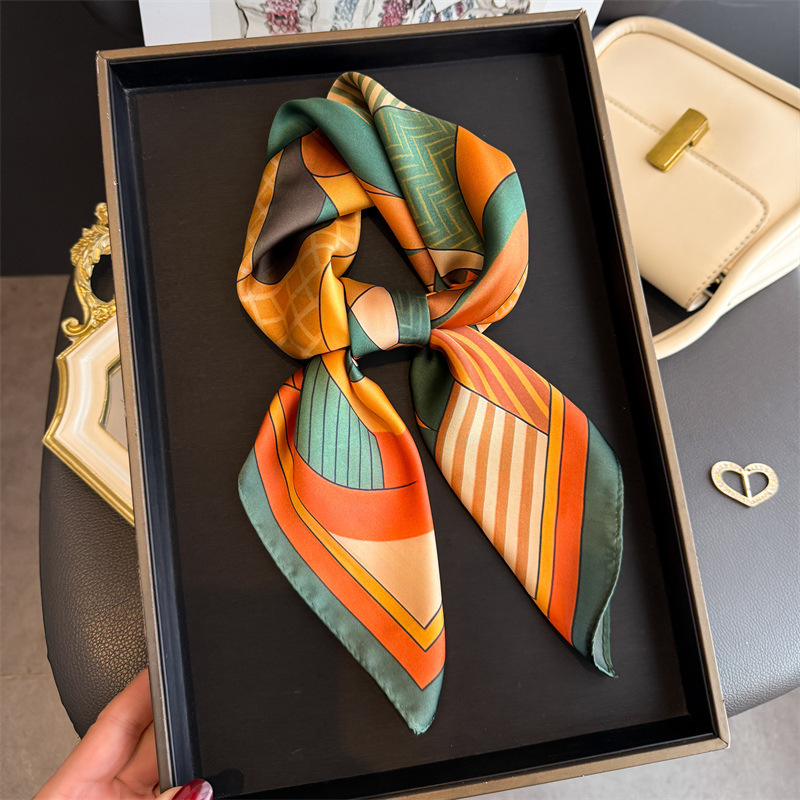 Silk Neck Scarf - 2026 新幾何学プリントシルクスクエアスカーフ女性装飾ネクタイ 70*70 センチメートルハンカチ女性夏ヒジャーブ女性ネッカチーフラップ