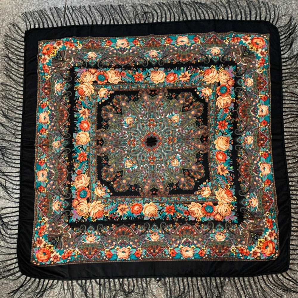 130×130cm 高級花柄プリントフリンジ付きウクライナシ - Bandana Cotton のレビューと価格
